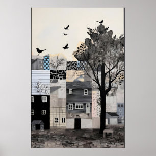 Monochrome Cityscape Art Print Surreal Vintage