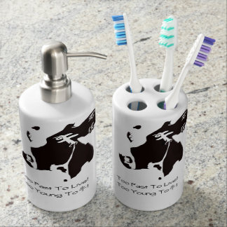 MONOCHROME COW TOOTHBRUSH HOLDER AND SHAMPOO BOTTL