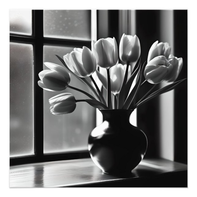"Monochrome Elegance: Black White Tulip Still Life Photo Print (Front)