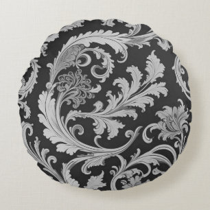Monochrome Fleur Antique Pattern  Round Cushion
