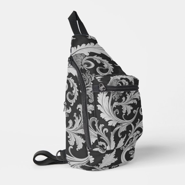 Monochrome Fleur Antique Pattern  Sling Bag (Left Corner)