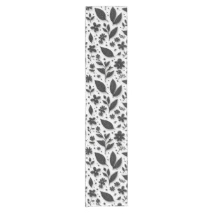Monochrome Floral Pattern With Leaves And Flowers Short Table Runner