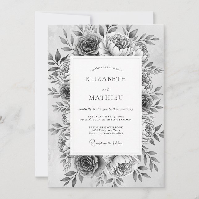 Monochrome Floral Romance Wedding Invitation (Front)