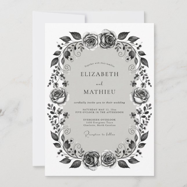Monochrome Floral Romantic Wedding Invitation (Front)