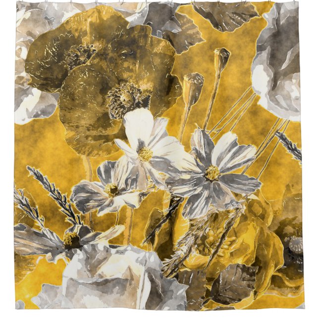 Monochrome Floral Watercolor Poppies Pattern Shower Curtain (Front)