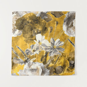 Monochrome Floral Watercolor Poppies Pattern Tapestry