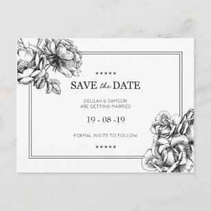 Monochrome Floral Wedding Save the Date Postcards