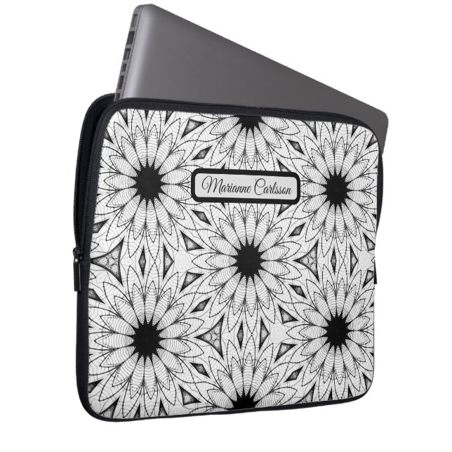 Monochrome Flower Pattern Laptop Sleeve (Front Right)