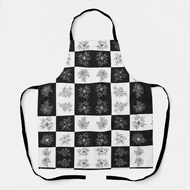 Monochrome Flowers and chequerboard pattern Apron (Front)