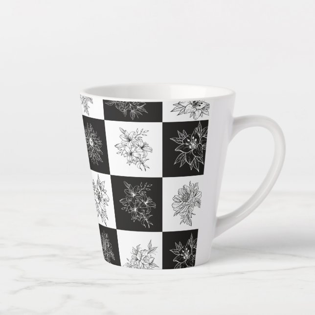 Monochrome Flowers and chequerboard pattern Latte Mug (Right)