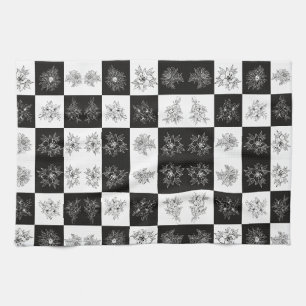 Monochrome Flowers and chequerboard pattern Tea Towel