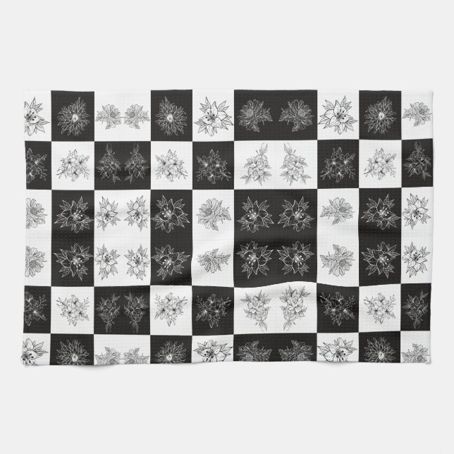 Monochrome Flowers and chequerboard pattern Tea Towel (Horizontal)