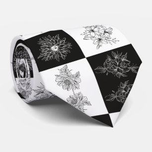 Monochrome Flowers and chequerboard pattern Tie