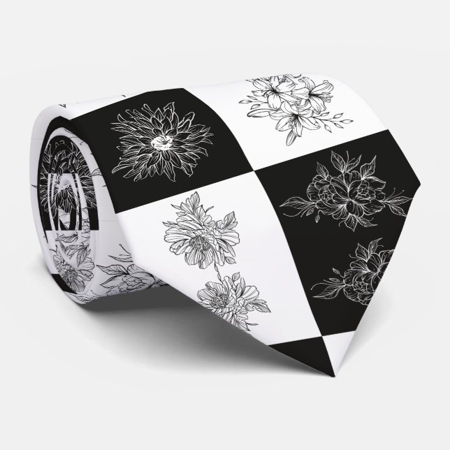 Monochrome Flowers and chequerboard pattern Tie (Rolled)