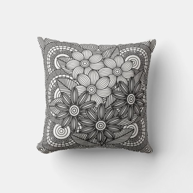 Monochrome Flowers Drawing Cushion (Front)
