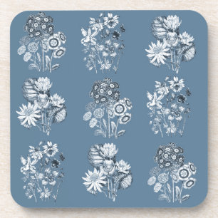 Monochrome flowers in blue coaster