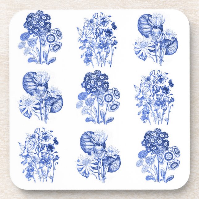 Monochrome flowers in Delft blue Coaster (Front)