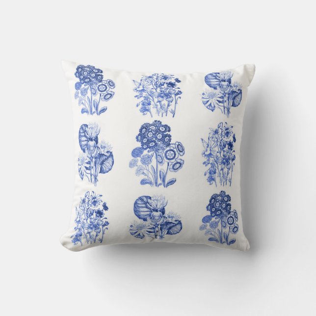 Monochrome flowers in Delft blue Cushion (Front)