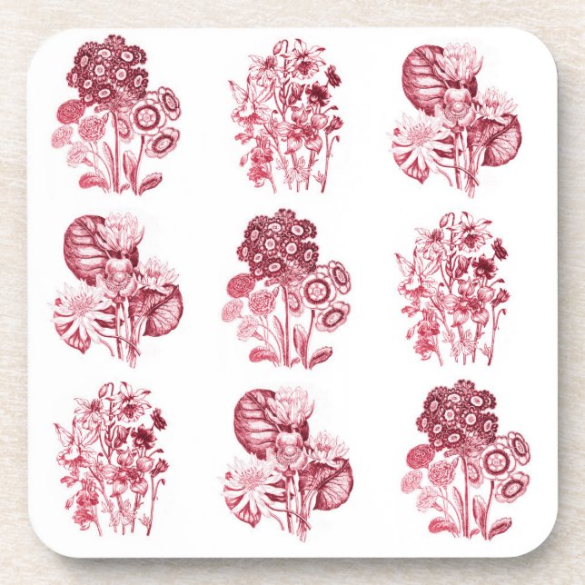 Monochrome flowers in red coaster (Front)