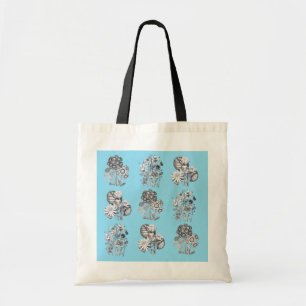Monochrome flowers on baby blue background tote bag