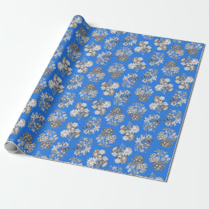 Monochrome Flowers on Bright Blue Ground Giftwrap Wrapping Paper