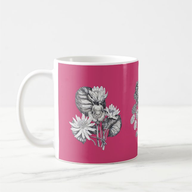 Monochrome flowers on cerise background coffee mug (Left)