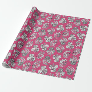 Monochrome Flowers on Cerise Background Giftwrap Wrapping Paper