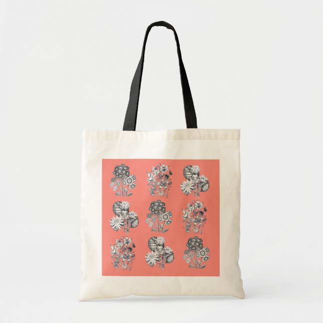 Monochrome flowers on coral background tote bag (Front)