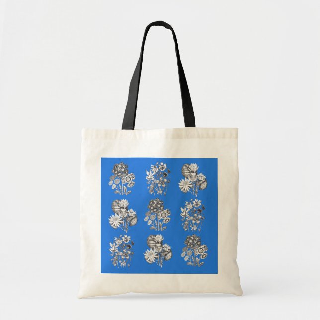 Monochrome flowers on electric blue background tote bag (Front)