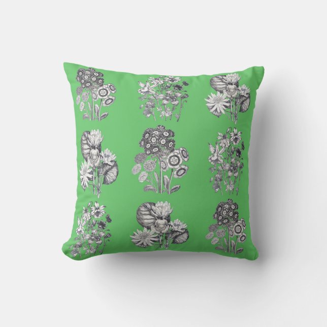 Monochrome flowers on green background cushion (Front)
