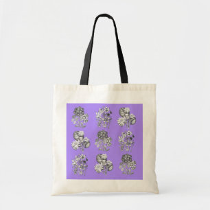 Monochrome flowers on lilac background tote bag