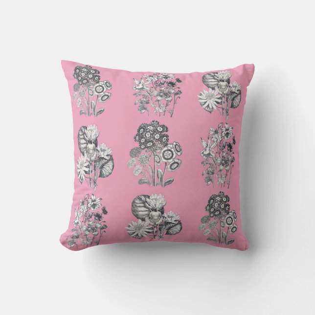 Monochrome flowers on pink background cushion (Front)