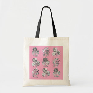 Monochrome flowers on pink background tote bag
