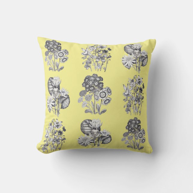 Monochrome flowers on yellow background cushion (Front)
