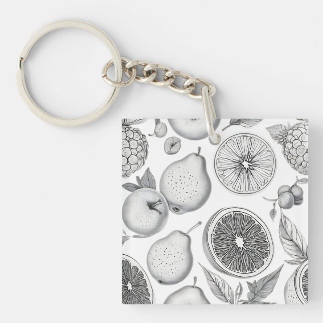 Monochrome Fruit Pattern with Botanical Elements Key Ring (Front)