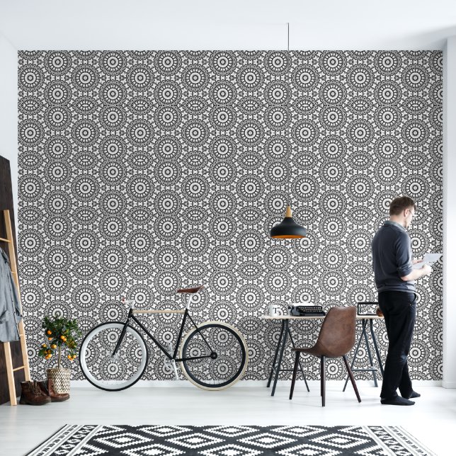 Monochrome Geometric Mandala Bloom Wallpaper (Living Room)