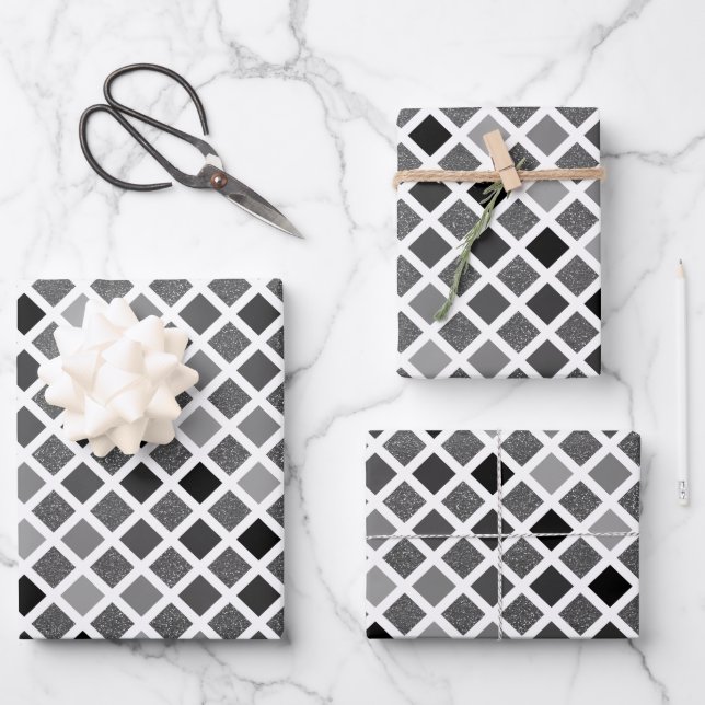 Monochrome Glitter Geometric Pattern Wrapping Paper Sheet (Front)