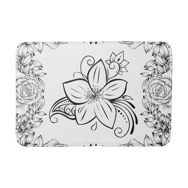 Monochrome Graphic Art, Beautiful Flower Bath Mat (Front)