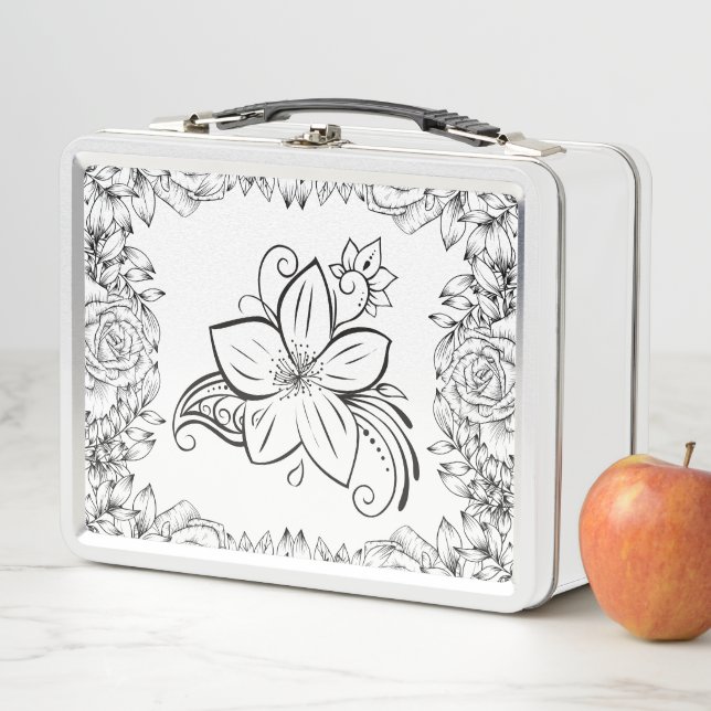 Monochrome Graphic Art, Beautiful Flower Metal Lunch Box (In Situ)