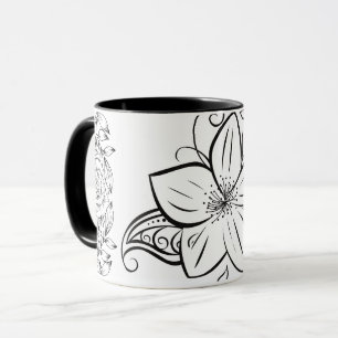 Monochrome Graphic Art, Beautiful Flower Mug