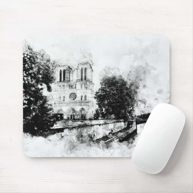 Monochrome Illustration of Notre-Dame Cathedral Mouse Pad (With Mouse)