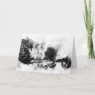 Monochrome Illustration of Notre-Dame Cathedral Thank You Card