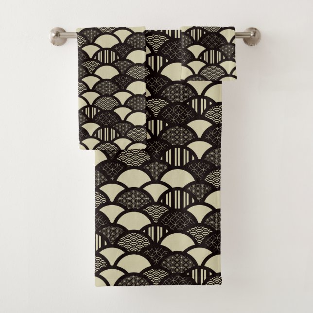 Monochrome Japanese geometric waves pattern Bath Towel Set (Insitu)