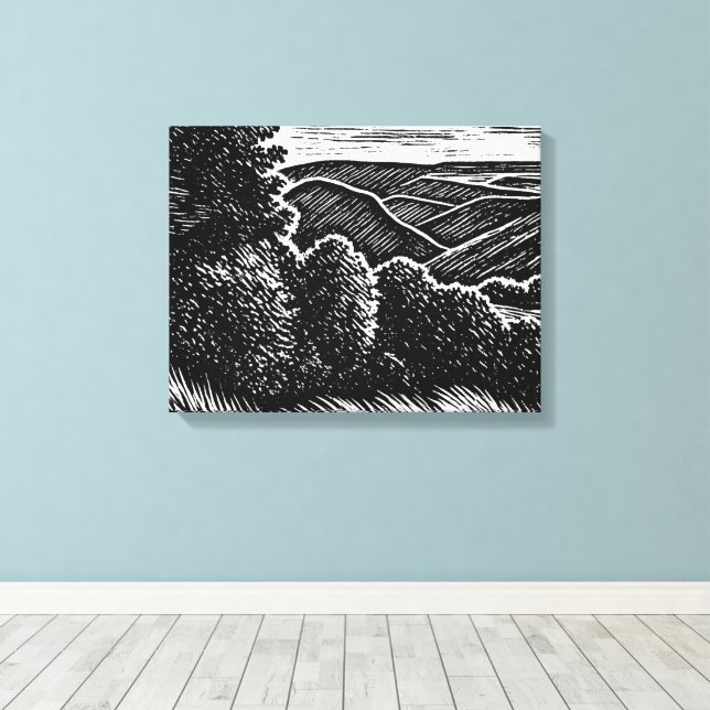 monochrome landscape black & white trees canvas print (Insitu(Wood Floor))