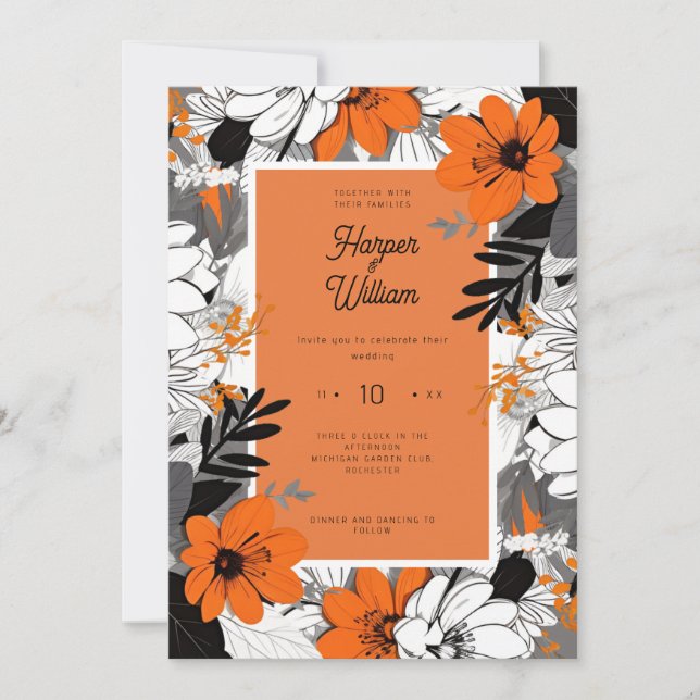 Monochrome line art flowers wedding invitation (Front)