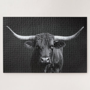 Monochrome Longhorn Steer Cattle Jigsaw Puzzle