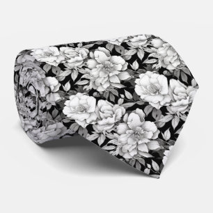 Monochrome Magnolia Flower tile neck tie