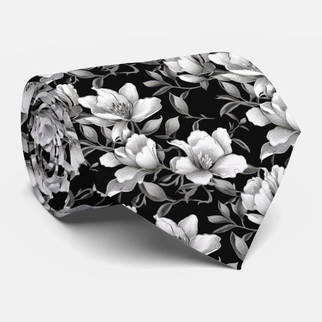 Monochrome Magnolia Flower tile Tie (Rolled)