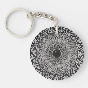 monochrome mandala art on acrylic keychain