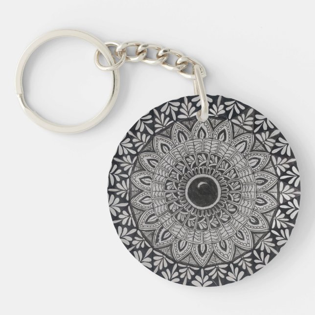 monochrome mandala art on acrylic keychain (Front)
